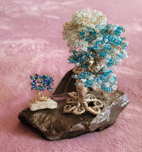 3 bonsai trees on flat rock