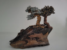 Load image into Gallery viewer, 2 bonsai trees with blue and gold on wood
