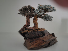 Load image into Gallery viewer, 2 bonsai trees with blue and gold on wood
