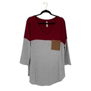 Zenana Color Block Suede Pocket/Elbow  3/4 sleeve T shirt top
