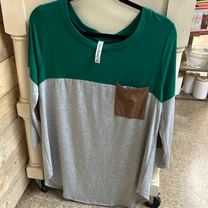 Zenana Color Block Suede Pocket/Elbow  3/4 sleeve T shirt top