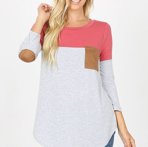 Zenana Color Block Suede Pocket/Elbow  3/4 sleeve T shirt top