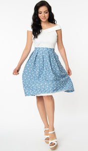 Unique Vintage Chambray Floral Eyelet Jayne Swing Skirt