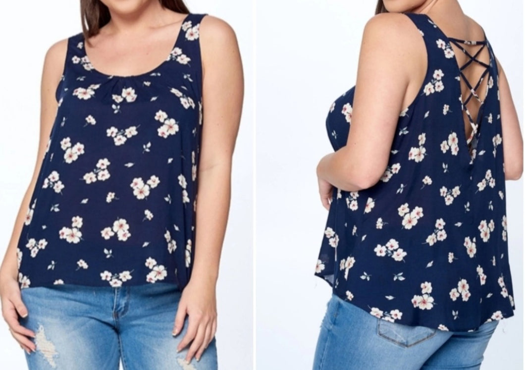 Navy floral lace back tank by Talent Plus